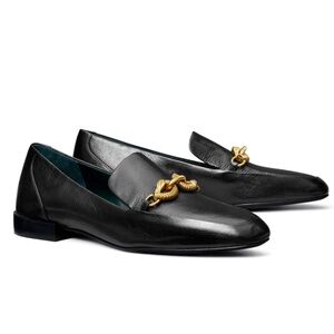 Tory Burch Jessa Black Leather Loafers with Gold Accent